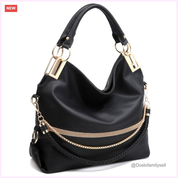 Large Hobo Tote Vegan Leather Shoulder Bag Rhinestone Accents Chic Elegant